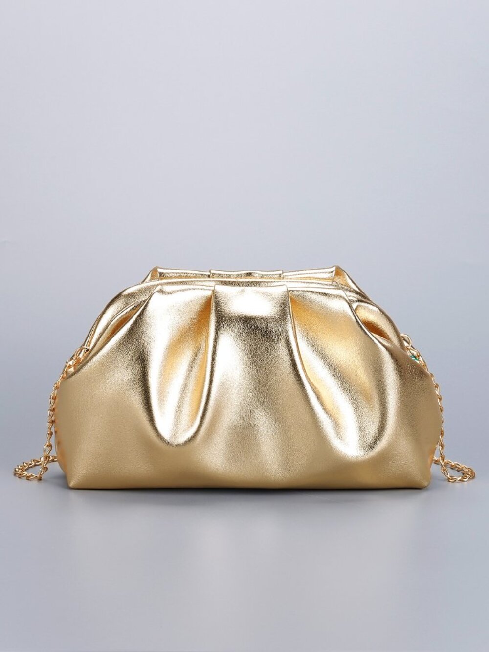 Metallic Faux Leather Clutch Gold With Crossbody Chain Strap